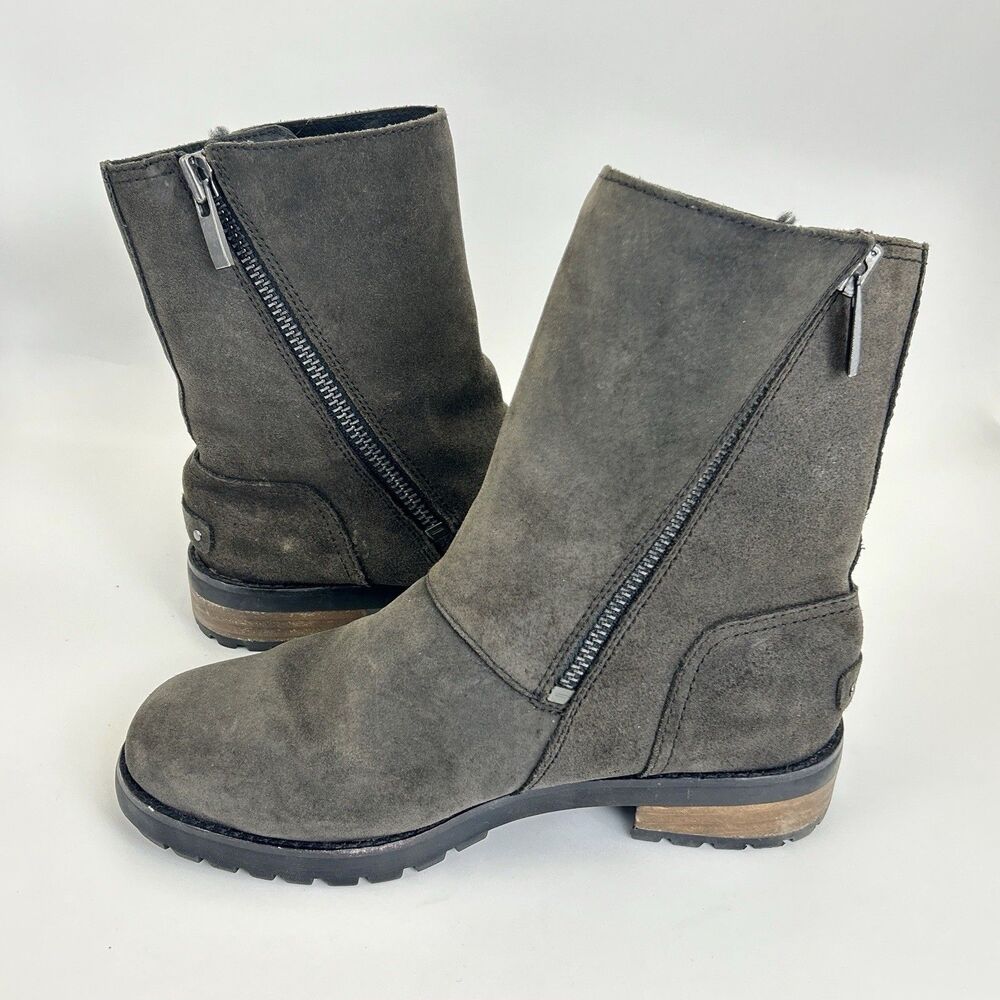 UGG Niels II Boots Womens 7 Black Suede Sheepskin Mid-Calf Zipper Biker 1095130 - Picture 6 of 9
